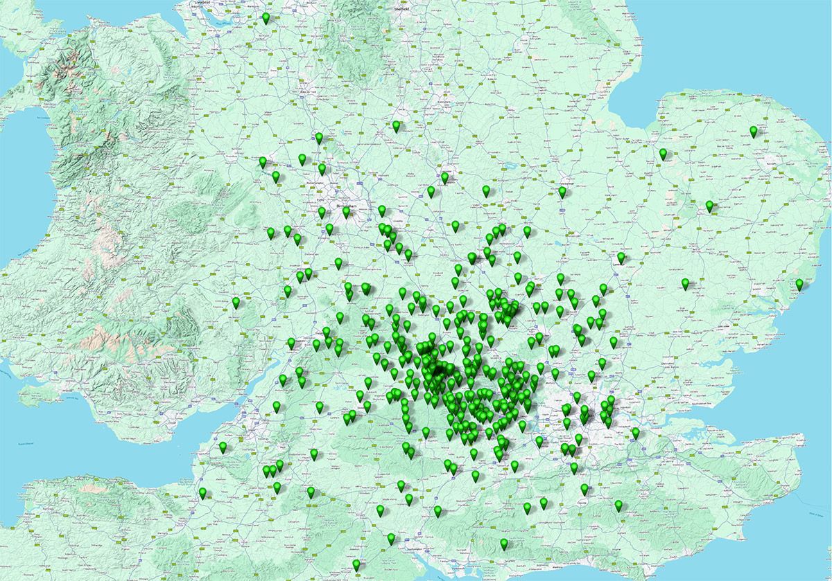 project map with pins over the UK